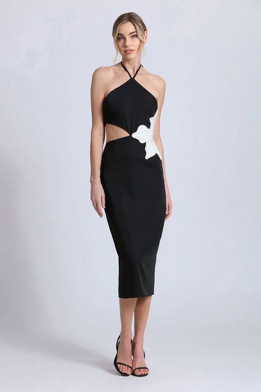 Clara Halterneck Flower Bandage Midi Dress