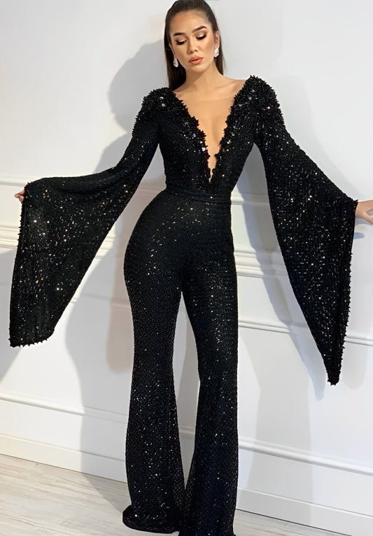 V-neck bat sleeve top jumpsuit