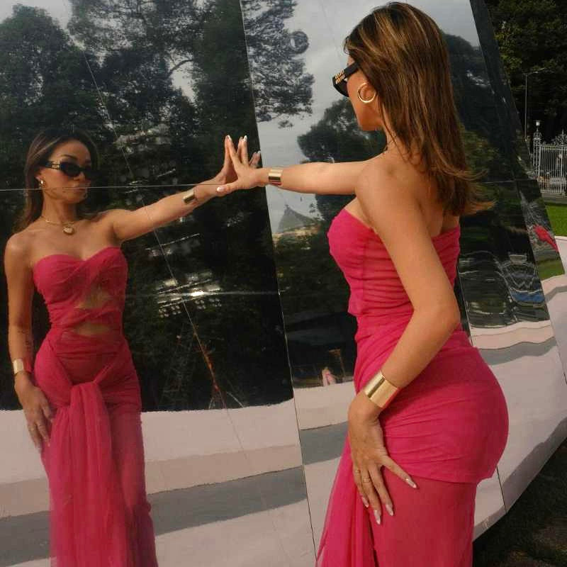 Strapless one-neck see-through strappy slim-fitting dress-Pink