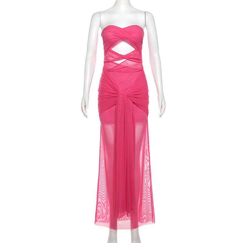 Strapless one-neck see-through strappy slim-fitting dress-Pink