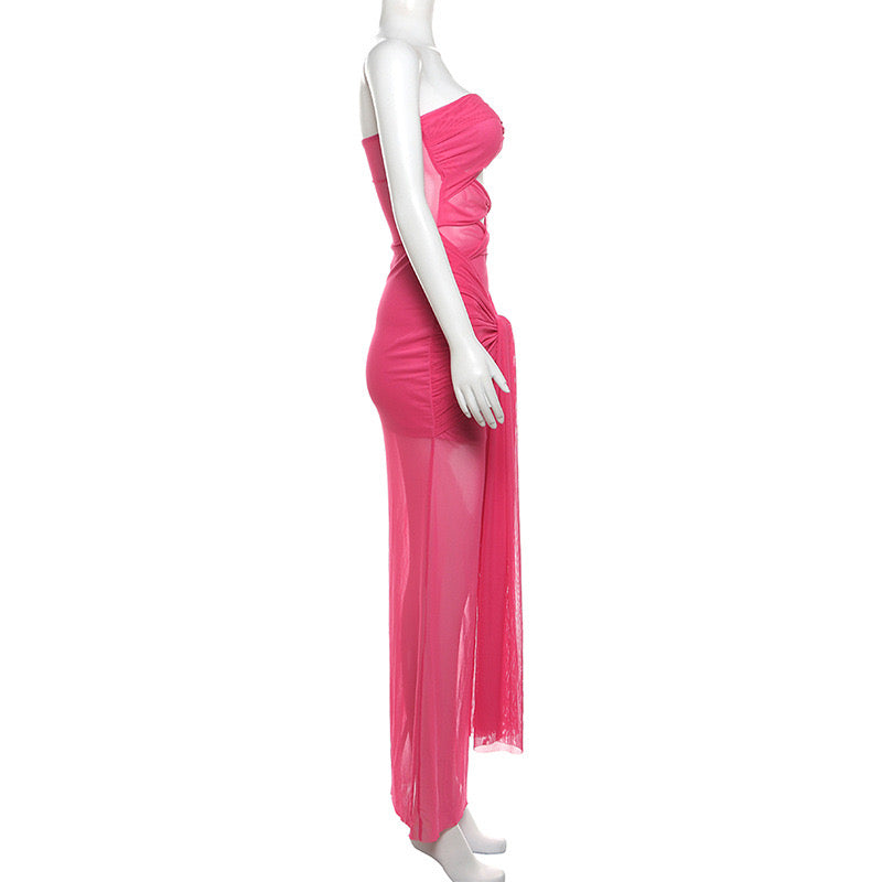 Strapless one-neck see-through strappy slim-fitting dress-Pink