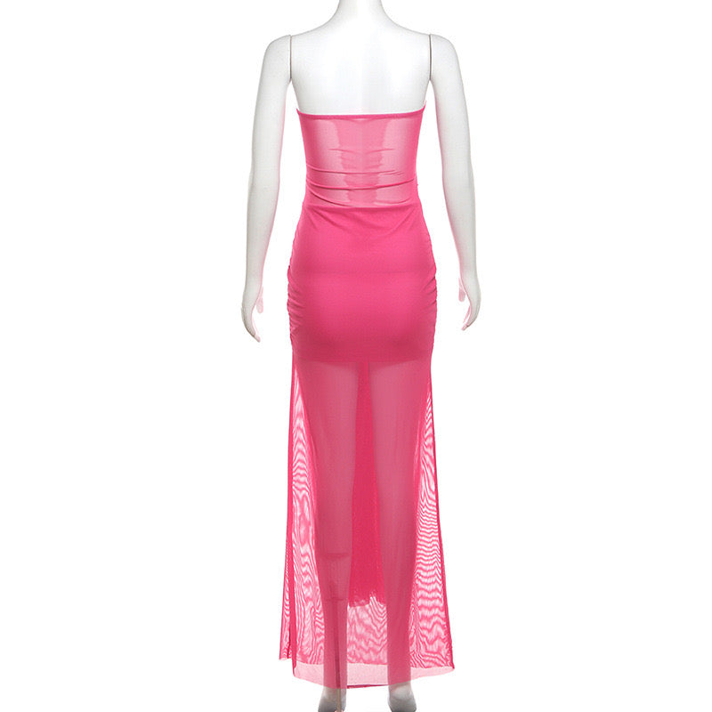 Strapless one-neck see-through strappy slim-fitting dress-Pink