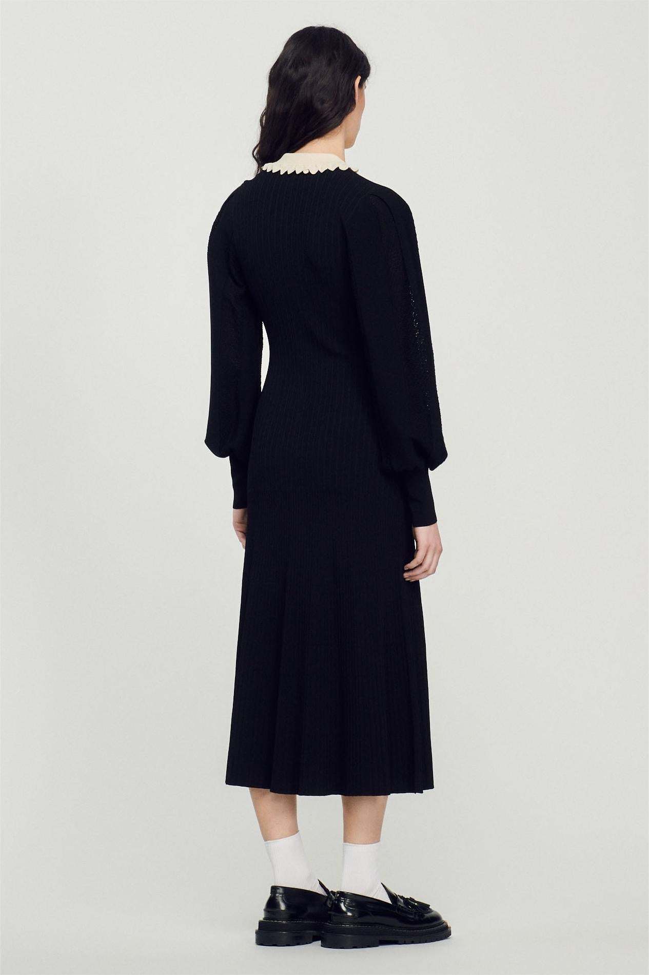 Black Lantern Sleeves Lapel Knit Midi Dress