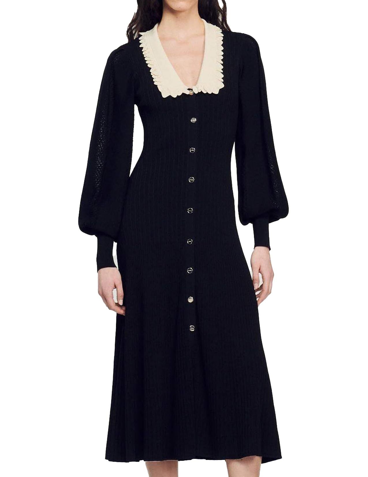 Black Lantern Sleeves Lapel Knit Midi Dress