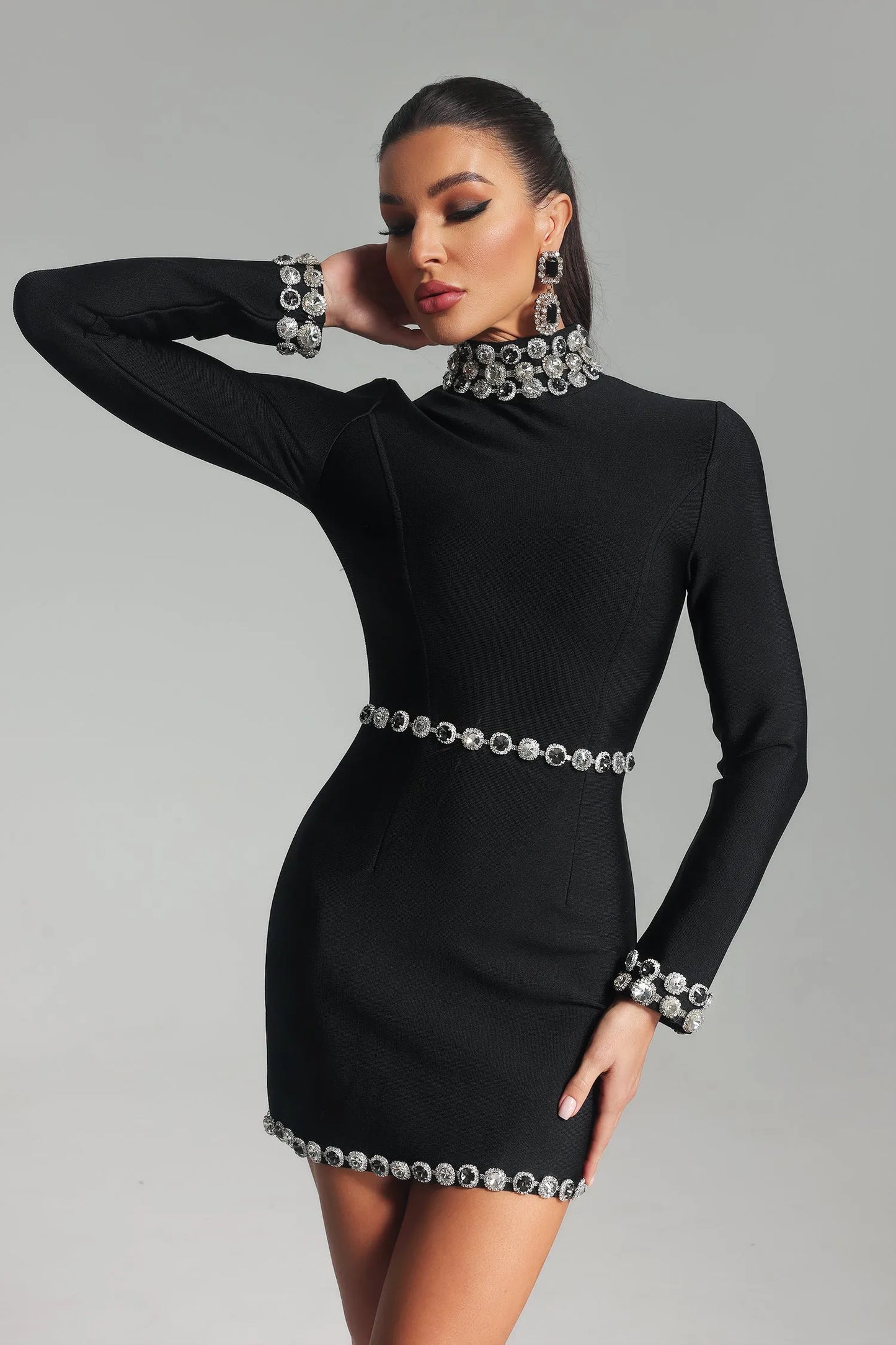 Margaret Diamante Long Sleeve Bandage Dress