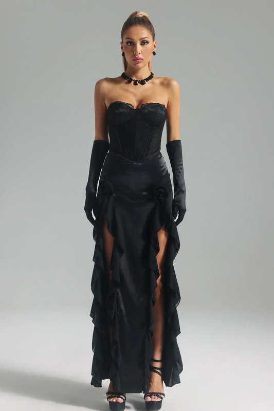 Melissa Strapless Flounced Maxi Dress-Black