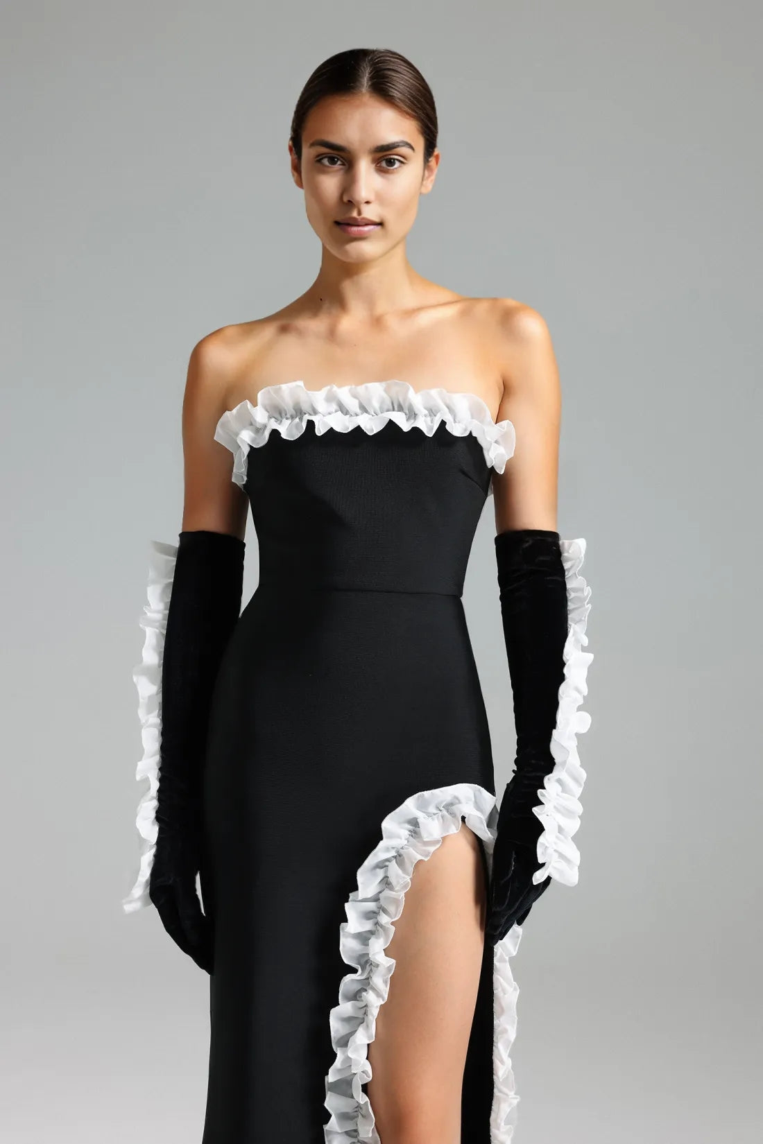 Nylah Ruffled Side Slit Bandage Midi Dress