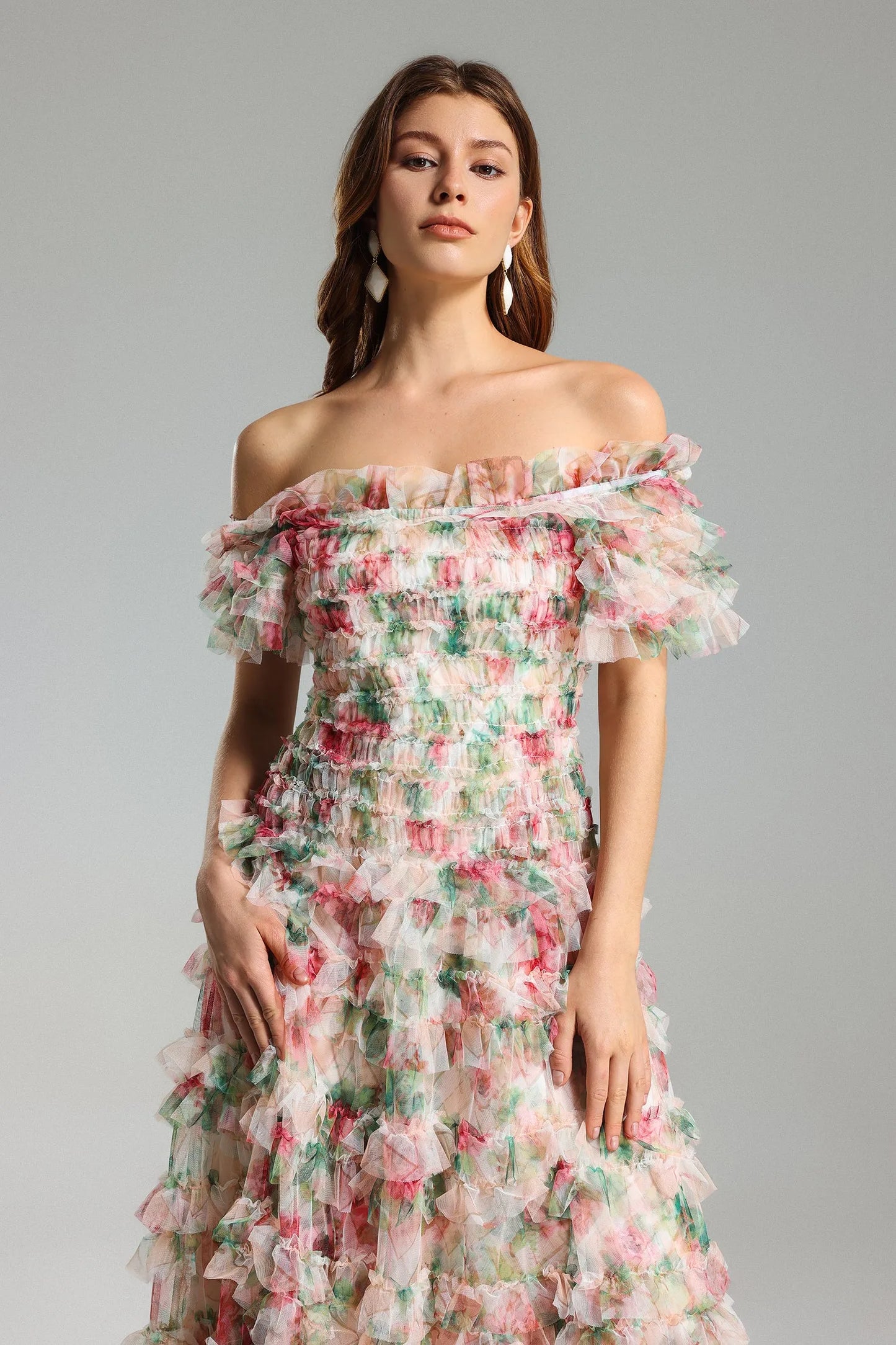 Qearl Floral Off Shoulder Pleated Maxi Dress