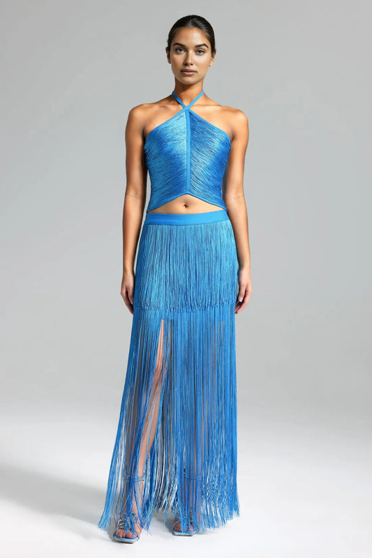 Rayna Fringe Halter Skirt Set