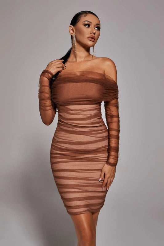 Rowena Ruched Mesh Bandage Midi Dress