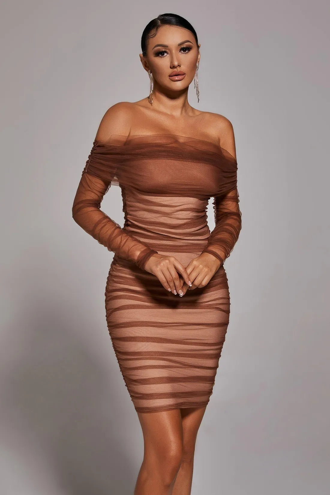 Rowena Ruched Mesh Bandage Midi Dress