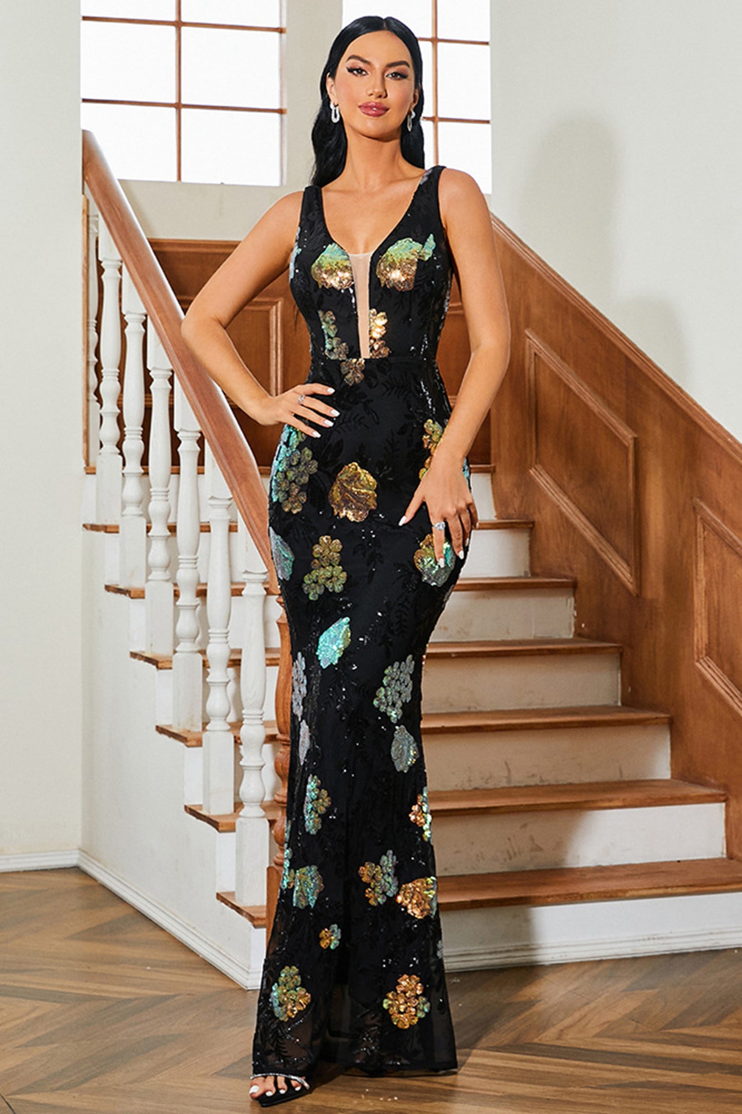 Sleeveless Sequin Print Maxi Dress