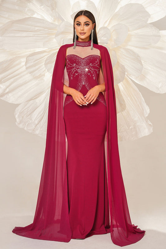 Cape Sleeve Prom Dress Burgundy Mermaid Evening Dress