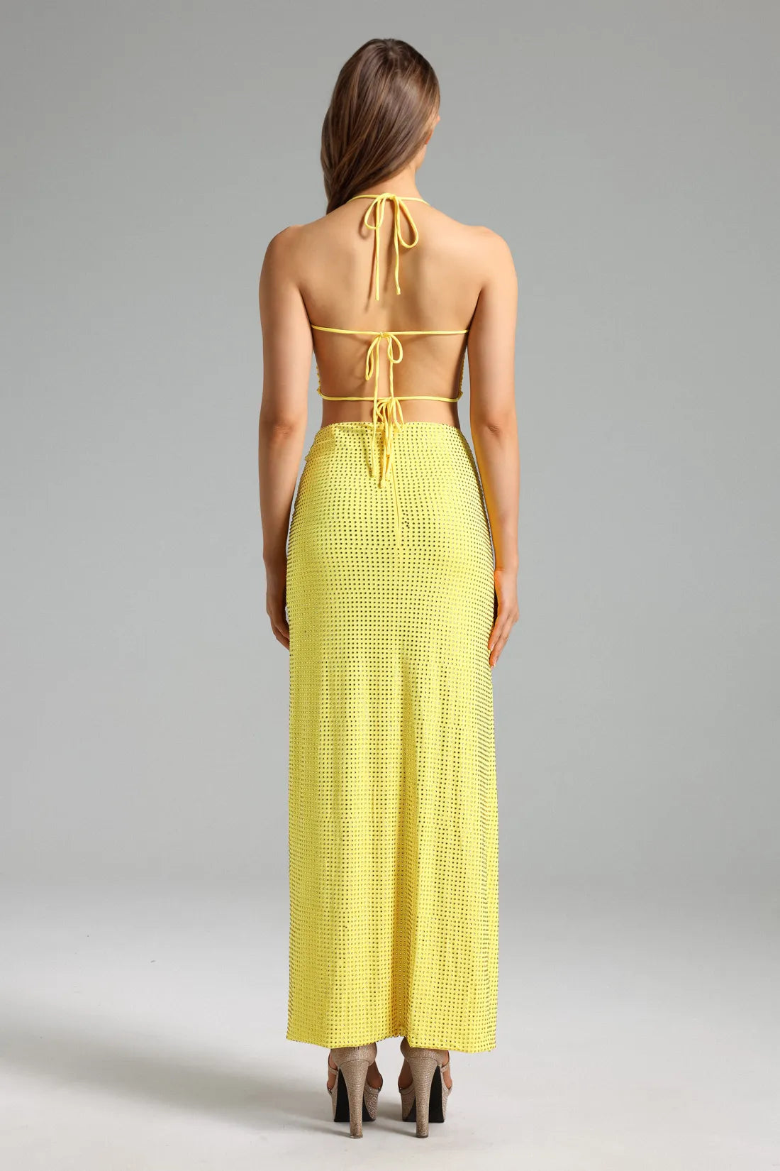 Solvia Halter Diamante Pleated Set - Yellow