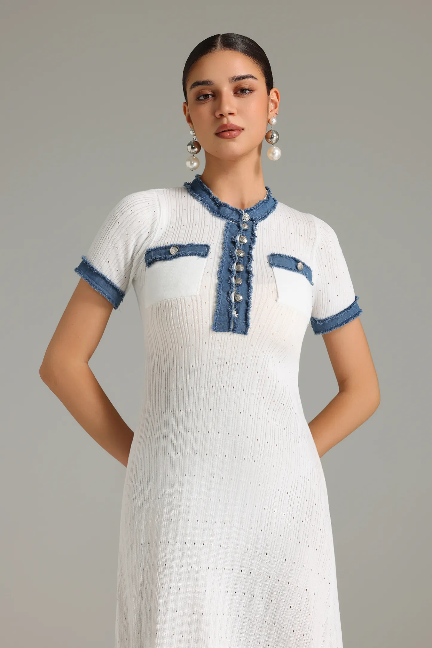 Tancy Denim Patchwork Knitted Midi Dress