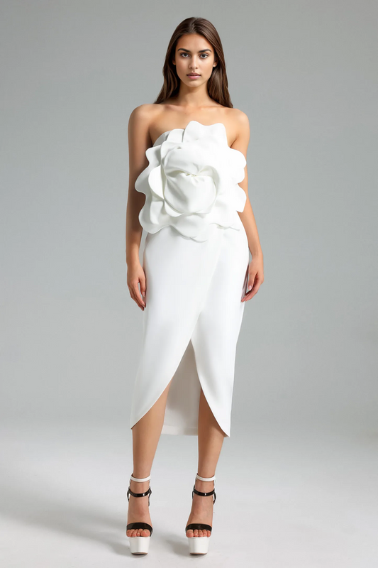 Valery Flower Slit Midi Dress - White