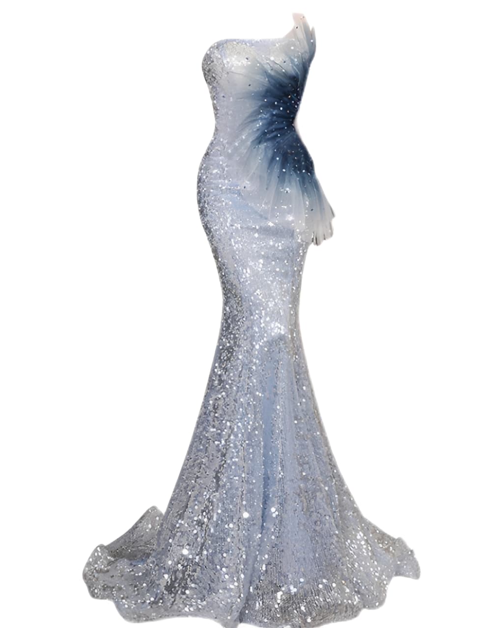 Blue mermaid evening dress with glitter sequins and fitted silhouette