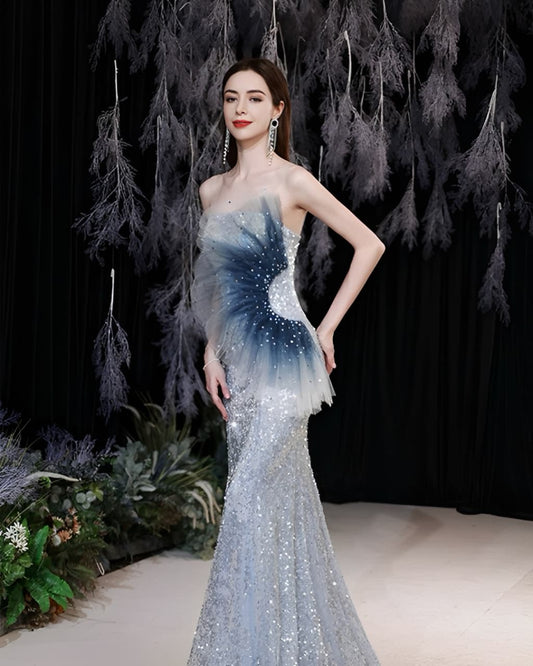 Elegant blue sequin mermaid evening gown with strapless design