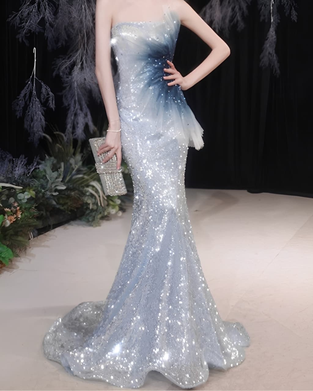 Luxury strapless blue sequin formal dress for evening events