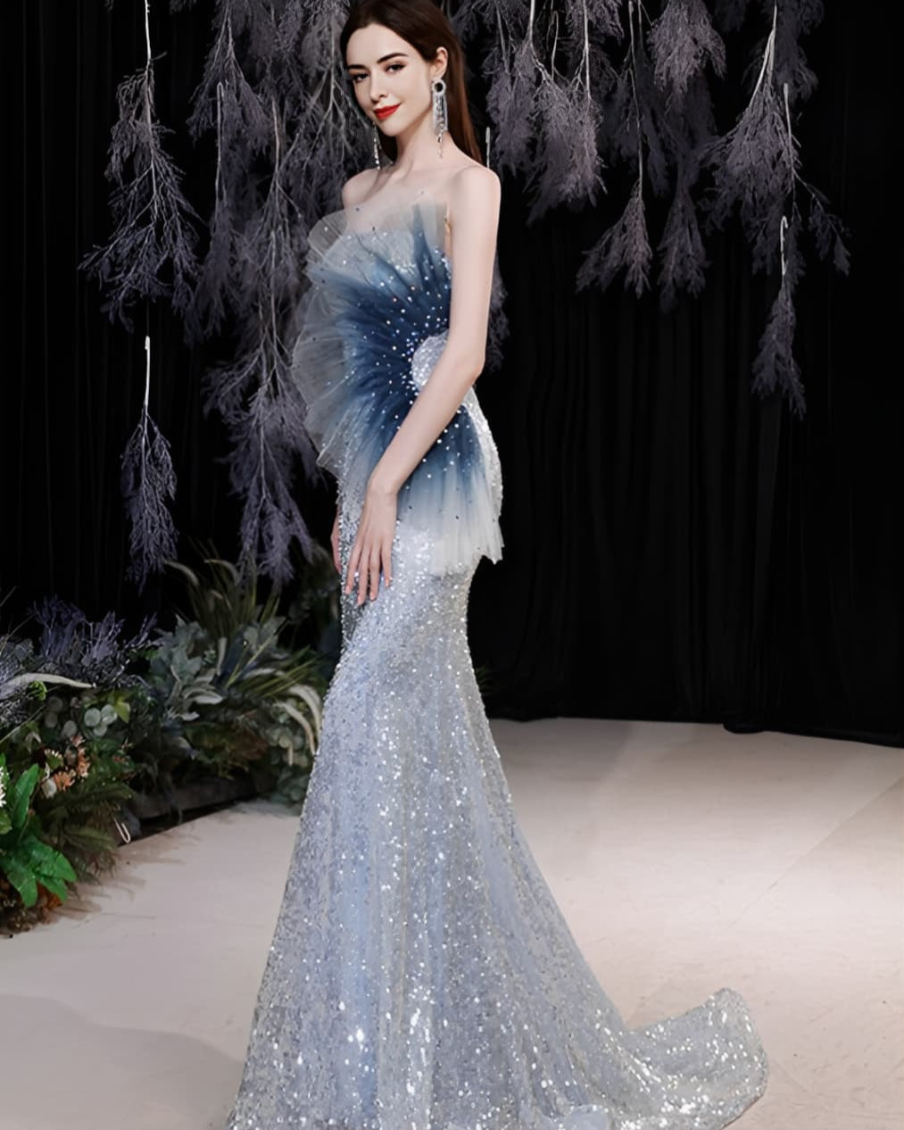 Sparkling blue mermaid gown with side tulle detail