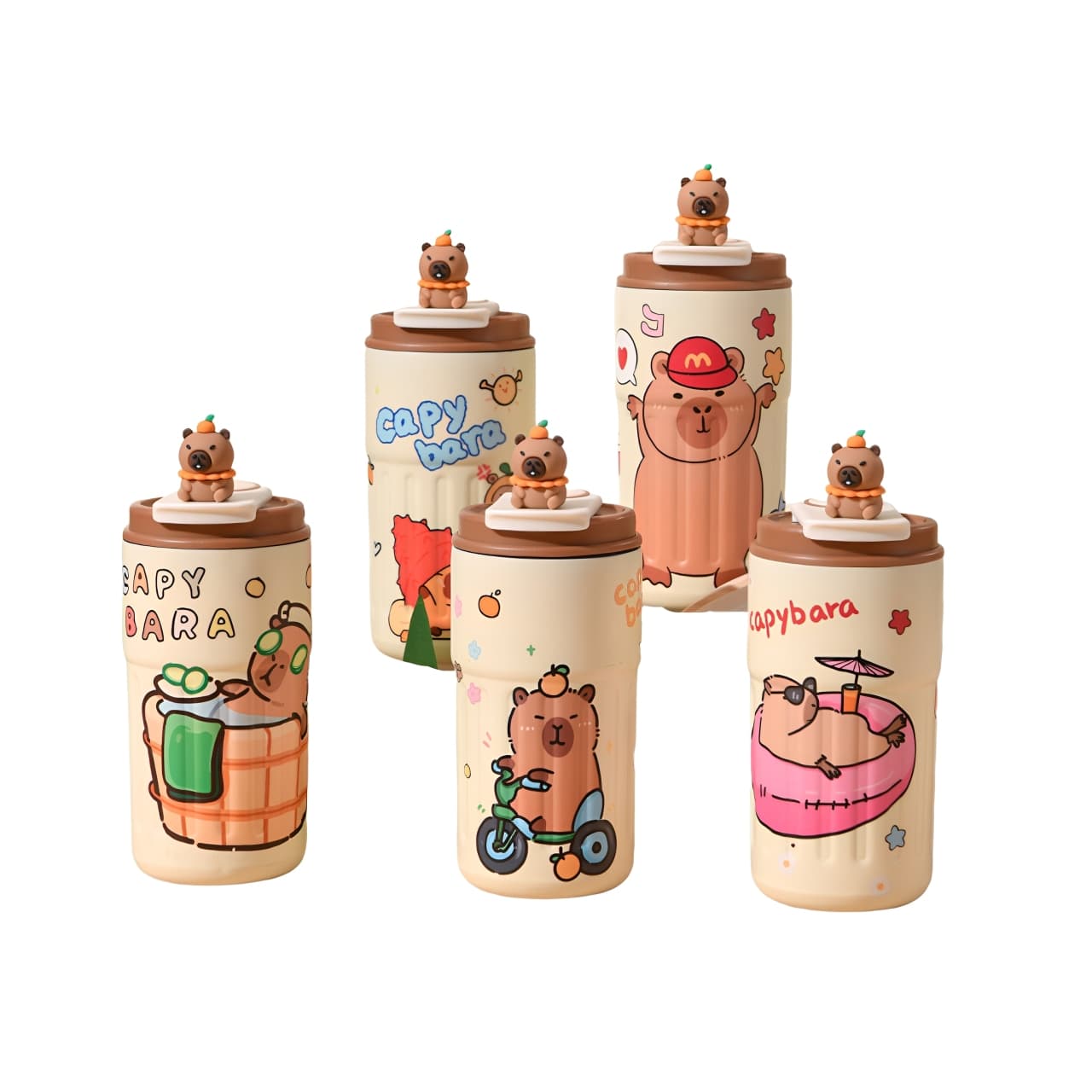  Full collection of capybara insulated stainless steel travel mugs with playful designs – 460ml.
