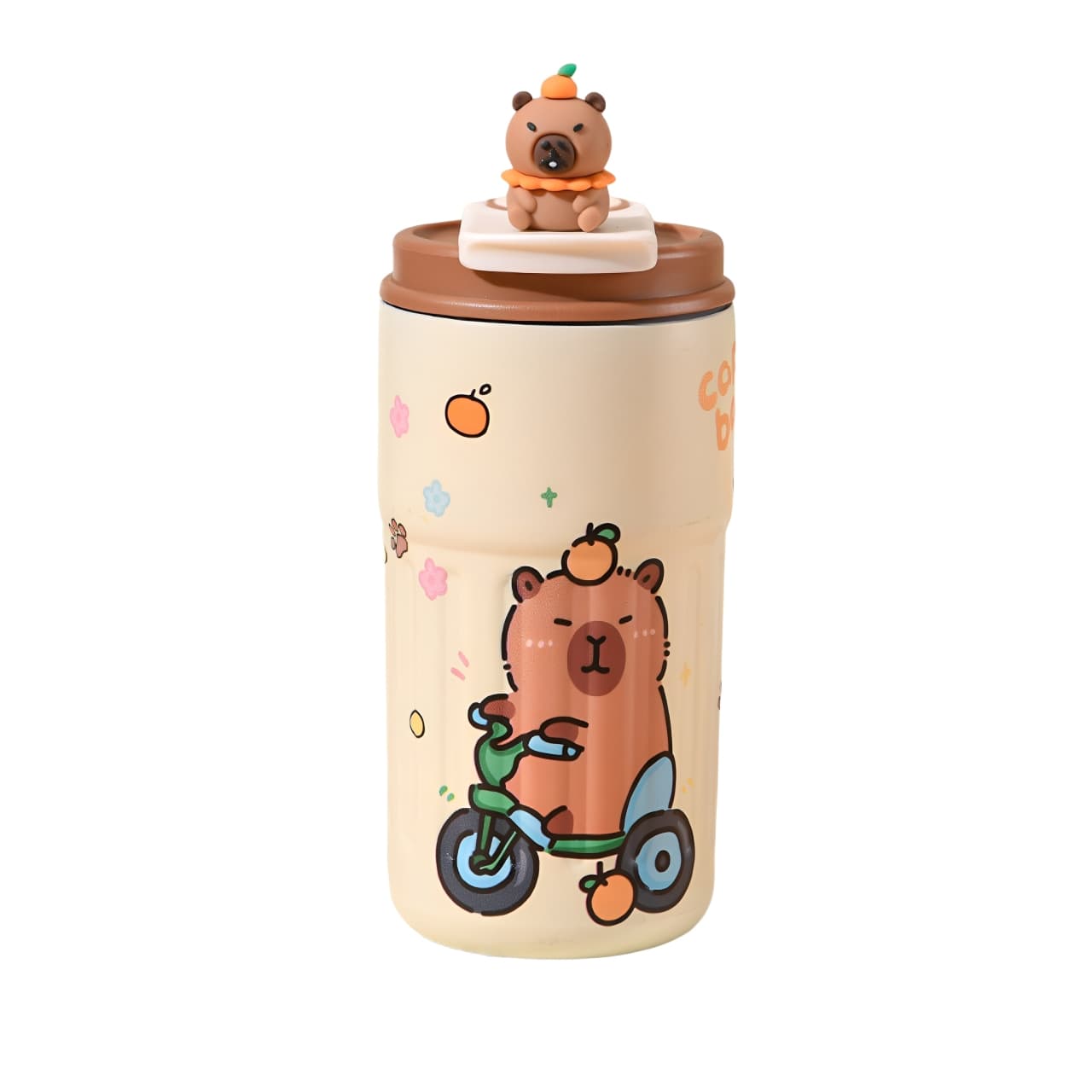 Capybara insulated travel mug with cycling design and 3D lid decoration – 460ml stainless steel bottle.