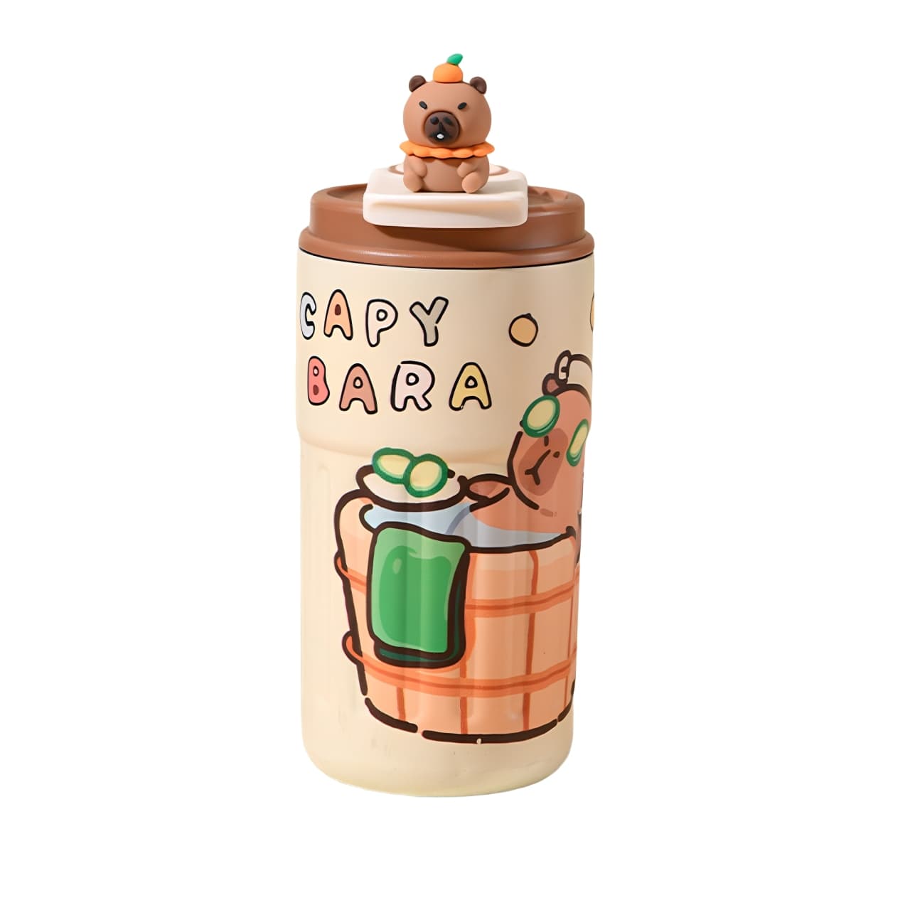 Capybara insulated travel mug with hot spring relaxation design and 3D lid topper – 460ml stainless steel cup.