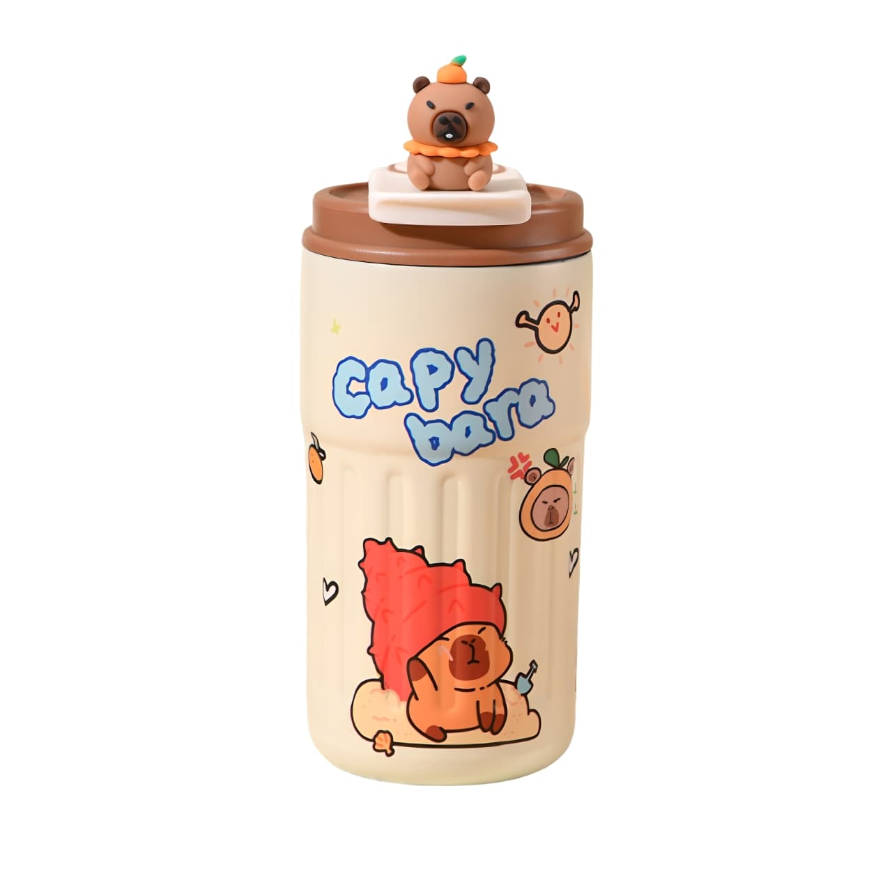 Capybara insulated travel mug with 3D lid topper and leaf blanket design – 460ml stainless steel cup.