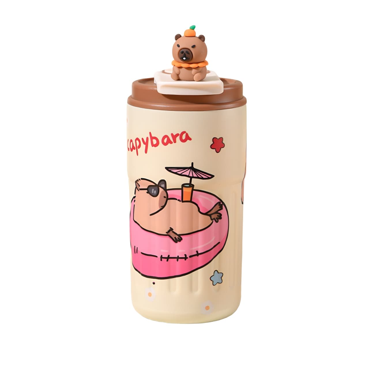 Capybara insulated travel mug with pool float summer design and 3D lid topper – 460ml stainless steel tumbler.