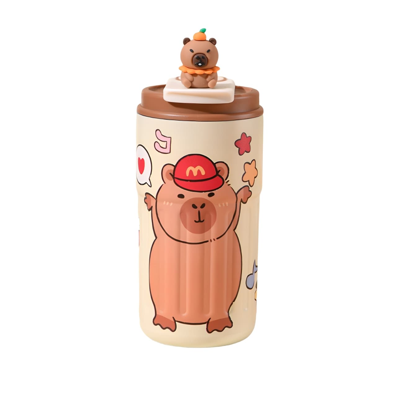 Capybara insulated travel mug with red cap cartoon design and 3D lid topper – 460ml stainless steel tumbler.