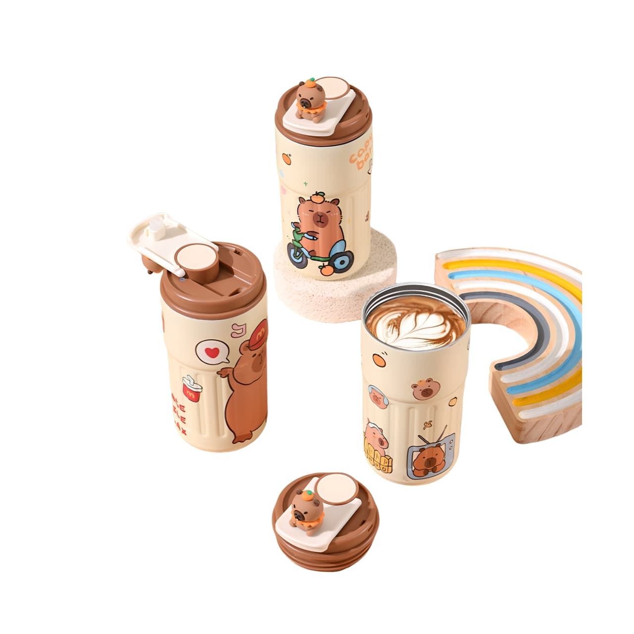 Set of capybara insulated stainless steel travel mugs with cute cartoon designs and 3D lid decorations – 460ml.