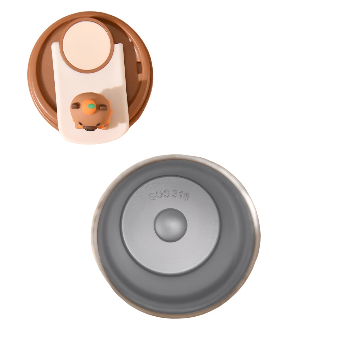 Stainless steel 316 interior and 3D decorative lid of capybara insulated travel mug.