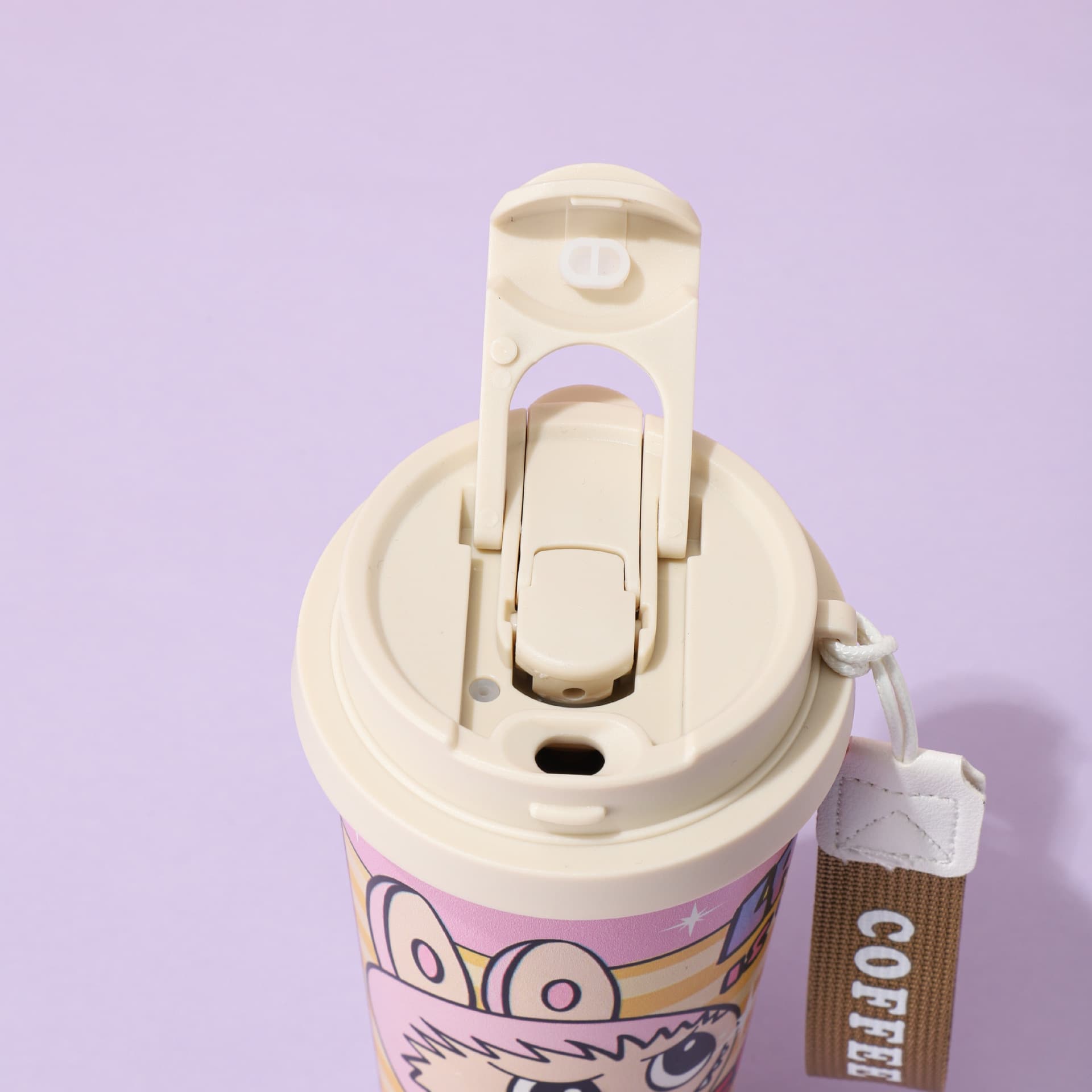 Cartoon Stainless Steel Coffee Tumbler Flip Lid – 400ml insulated travel mug with secure flip top for easy drinking, BPA-free lid, and portable strap.