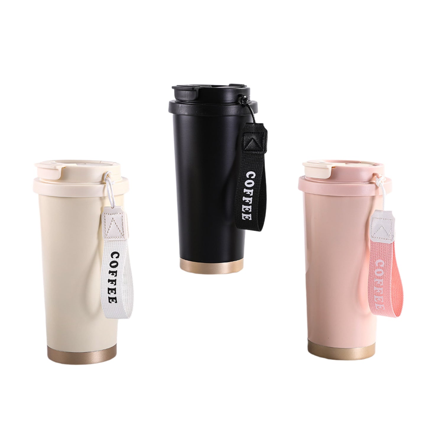 Set of 316 stainless steel coffee thermos mugs with carrying straps, 530ml insulated travel cups in black, ivory, and pink.
