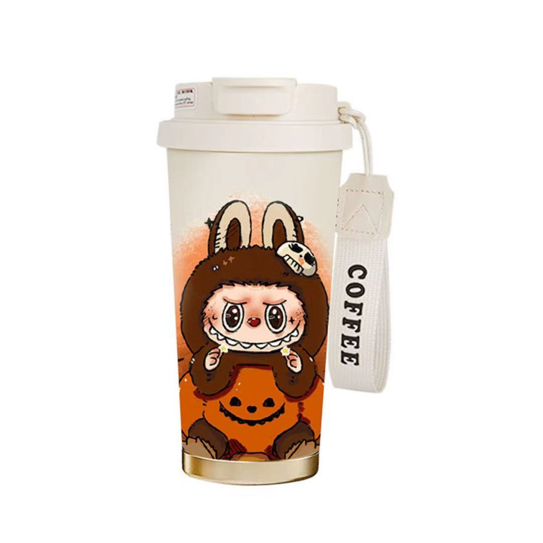 Cute cartoon insulated coffee mug 500ml, 316 stainless steel travel tumbler with strap