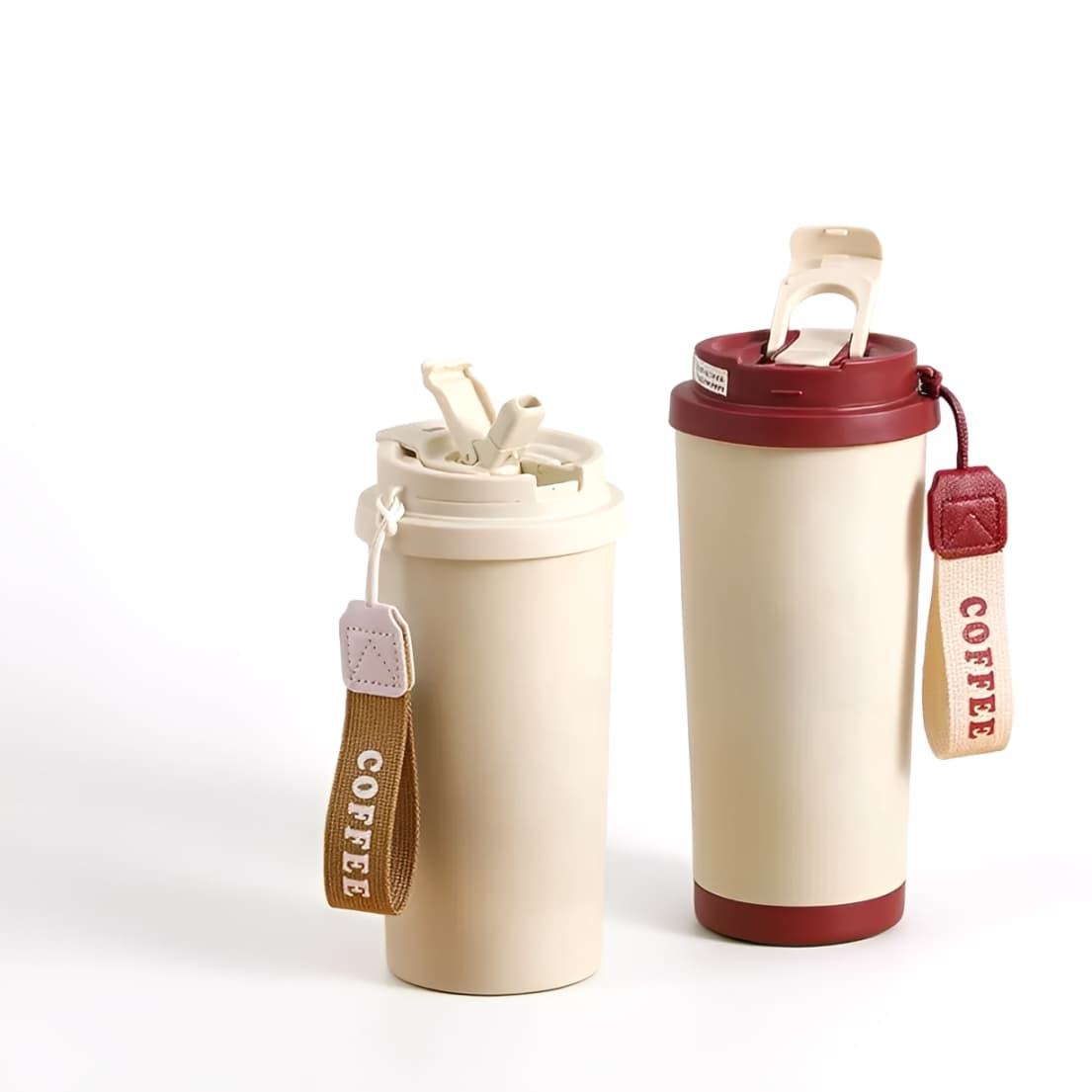 Double lid insulated stainless steel coffee tumbler with carrying strap – beige and red color options, 530ml capacity, keeps drinks hot for 6 hours, leakproof travel mug for coffee or tea
