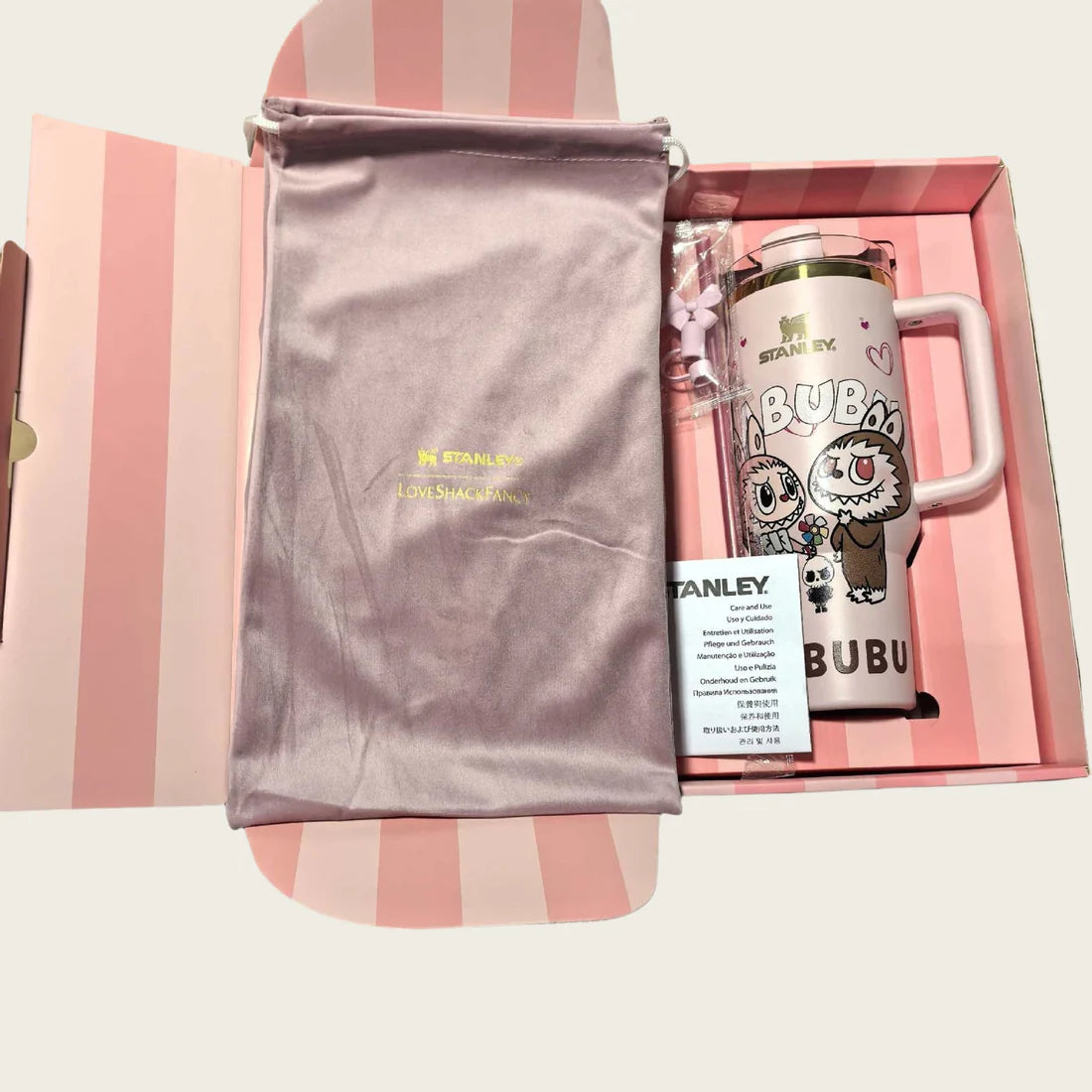 Free pink Labubu plush keychain with bunny ears for tumbler purchase