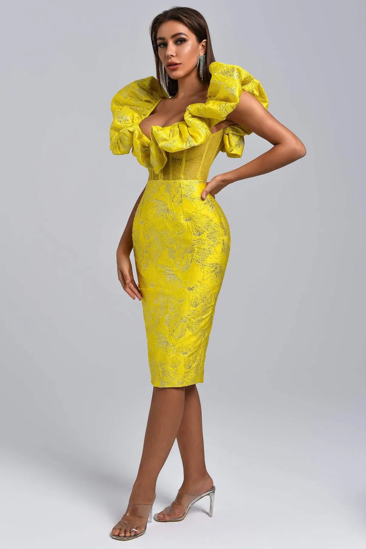 Melany Jacquard Midi Dress - Yellow