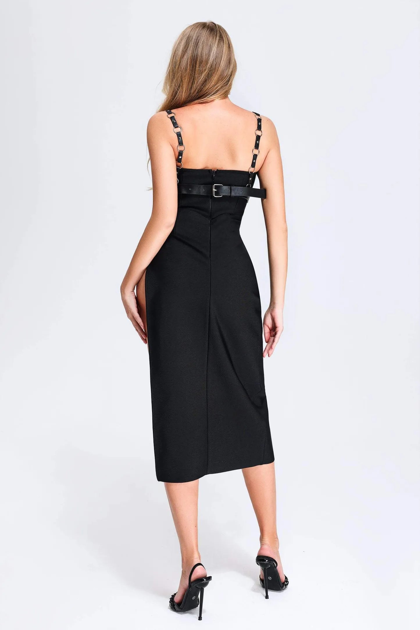 Cherrie Leather Weaved Top & High Slit Bandage Midi Dress