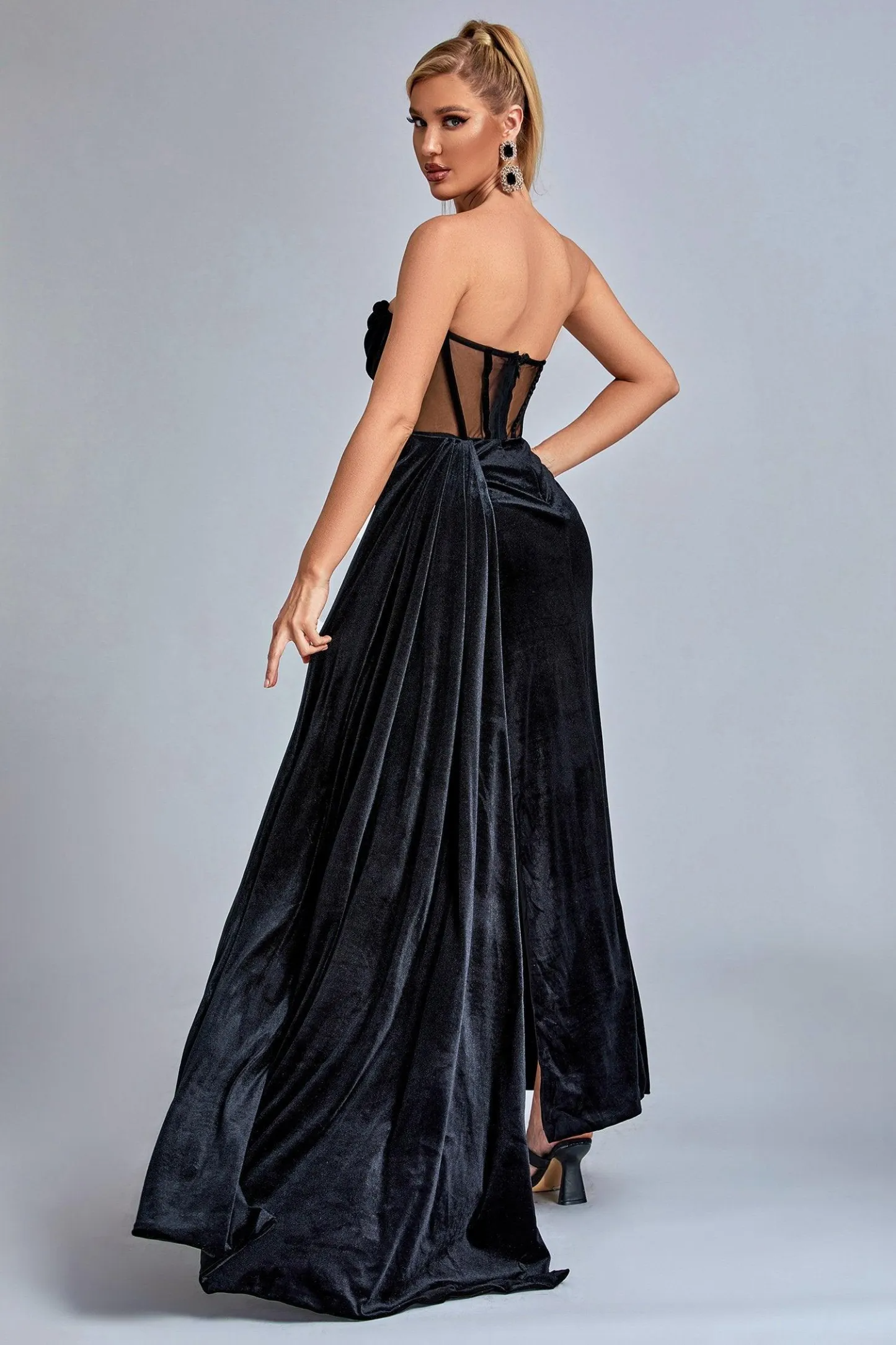 Lamva Corset Velvet Slit Maxi Dress - Black