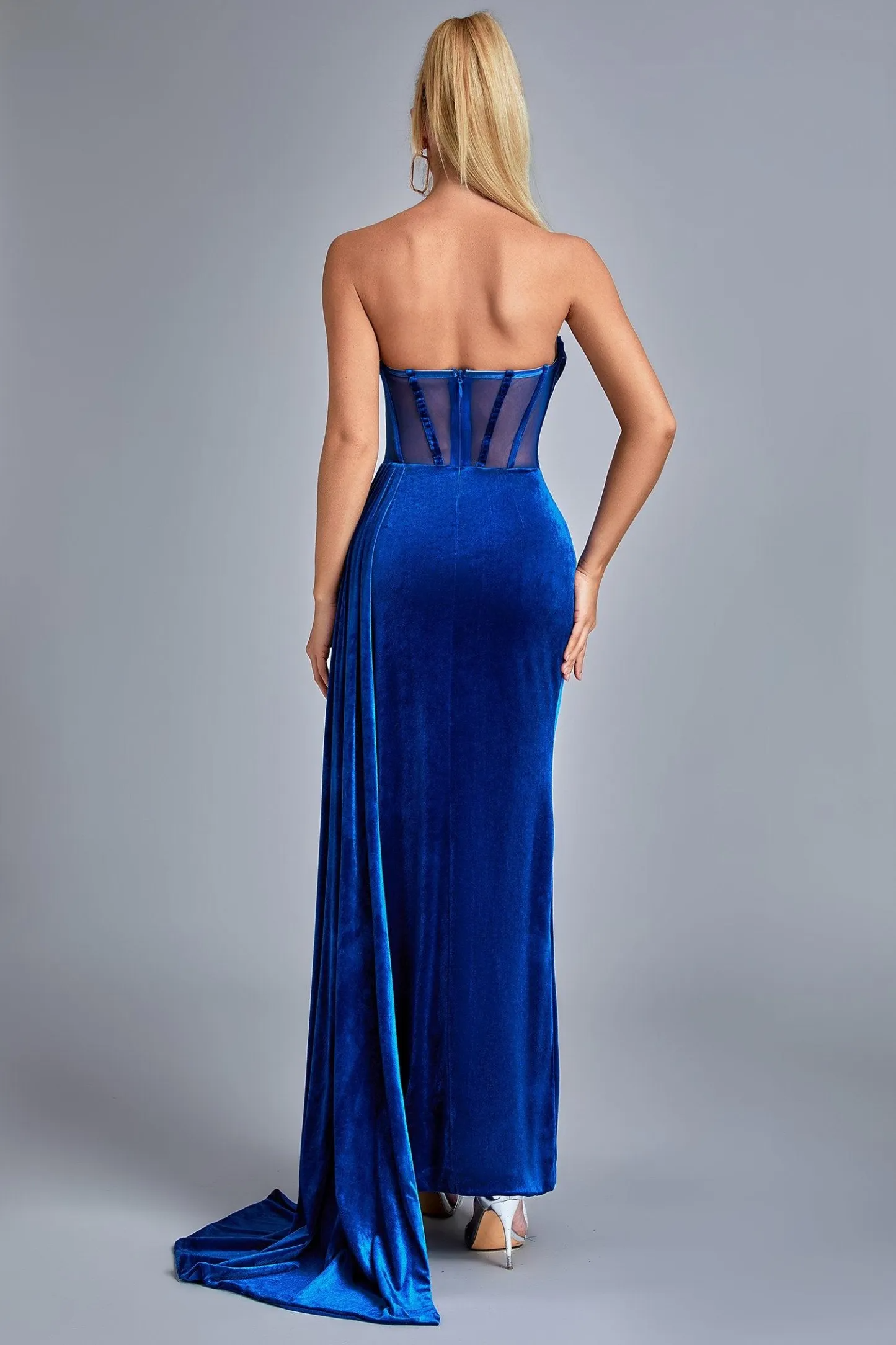 Lamva Corset Velvet Slit Maxi Dress - Blue