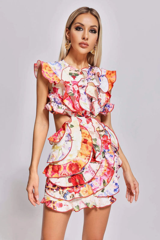 Unyque Cutout Flounced Printed Mini Dress