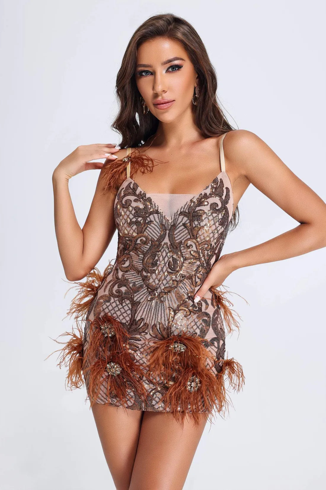 Chloie Feather Mini Dress - Brown