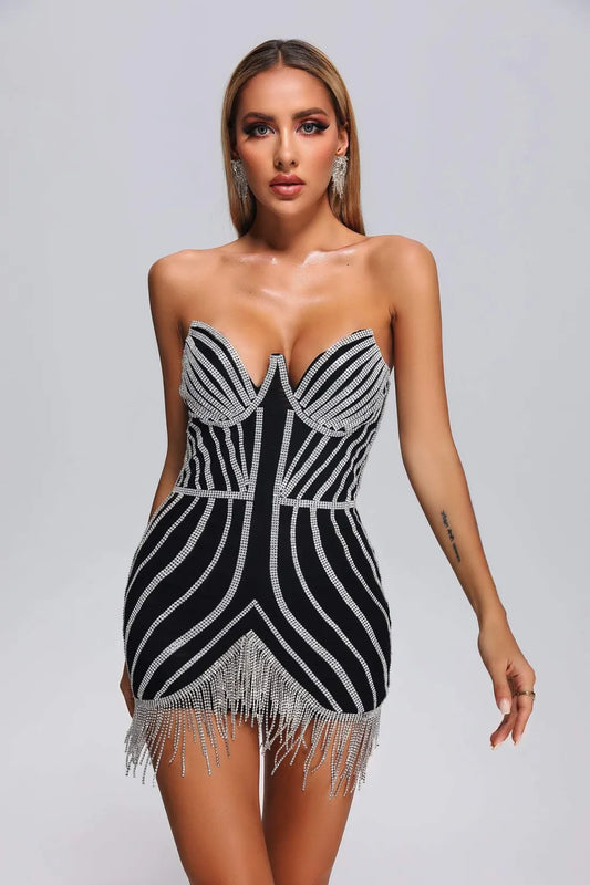 Lola Diamonate Tassel Mini Dress - Black