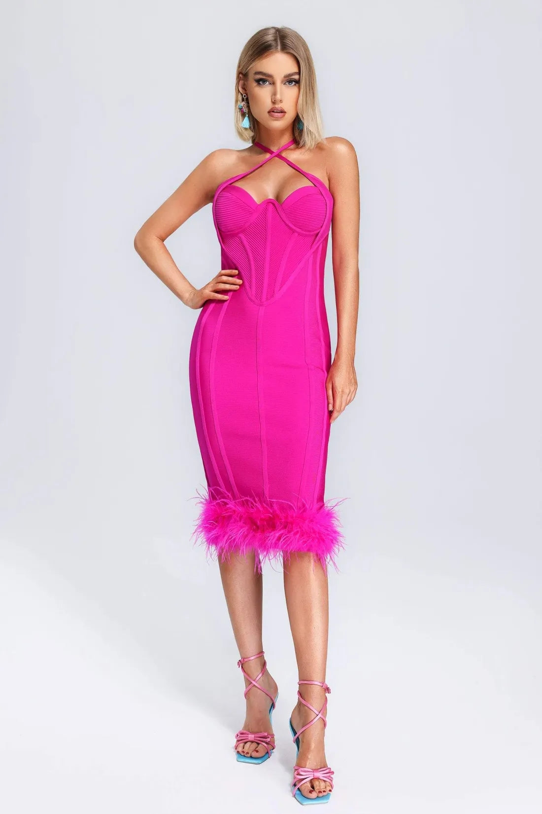 Lilith Crossneck Feather Bandage Midi Dress