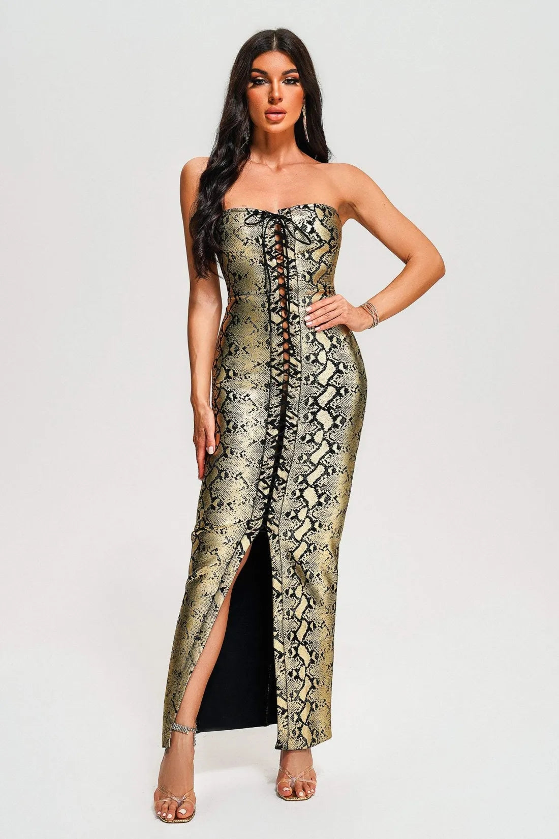 Riley Strapless Metallic Maxi Bandage Dress