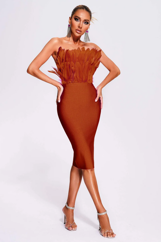 Parry Feather Strapless Midi Bandage Dress - Tan