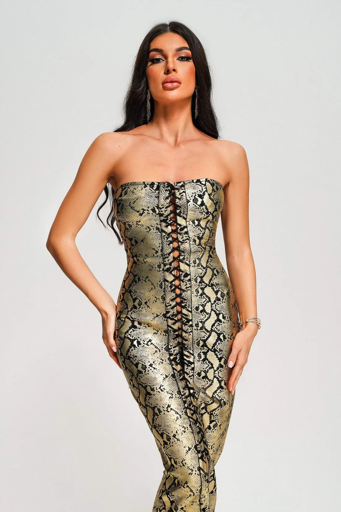 Riley Strapless Metallic Maxi Bandage Dress