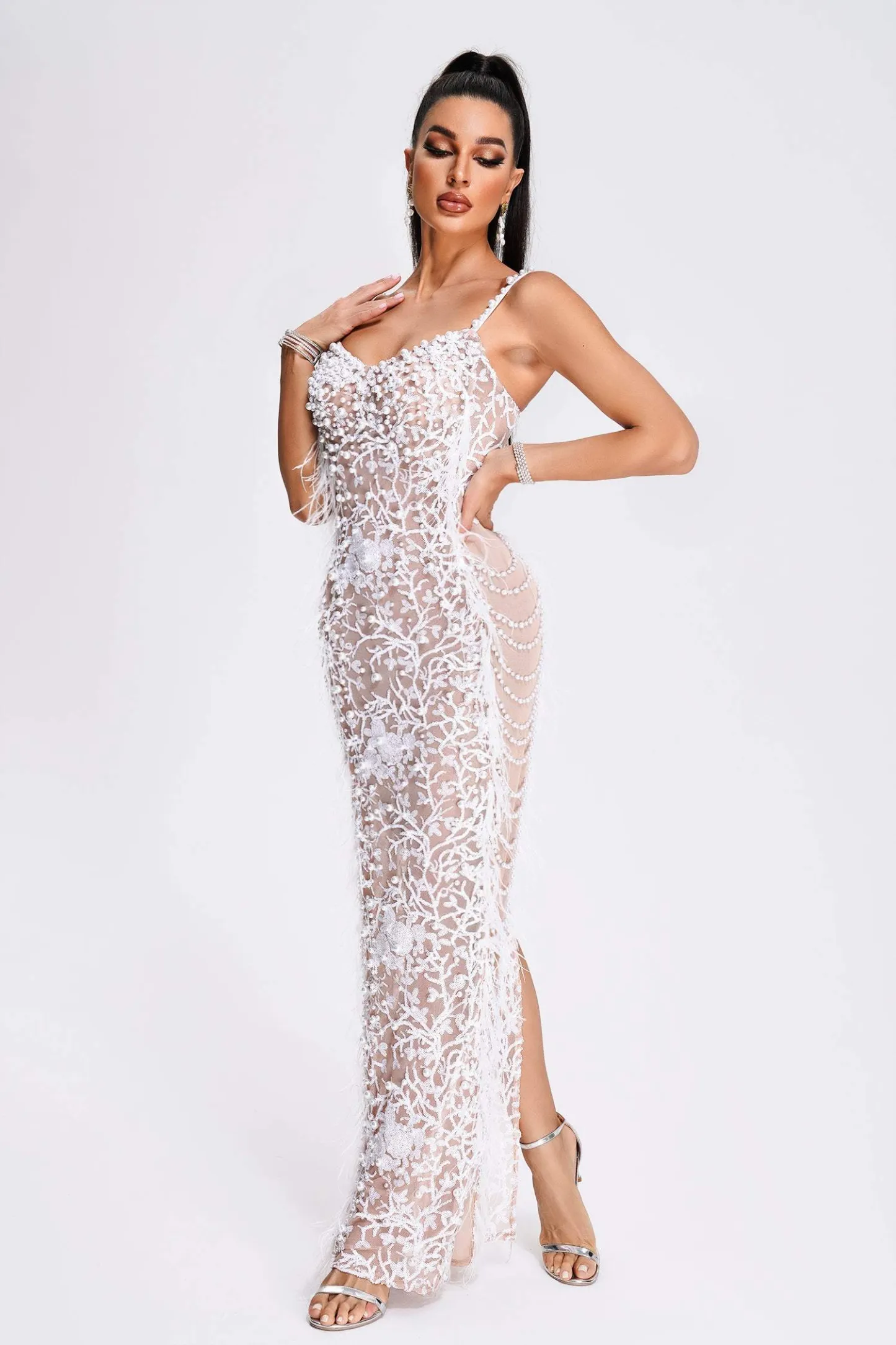 Wenda Feather Sequin Maxi Dress