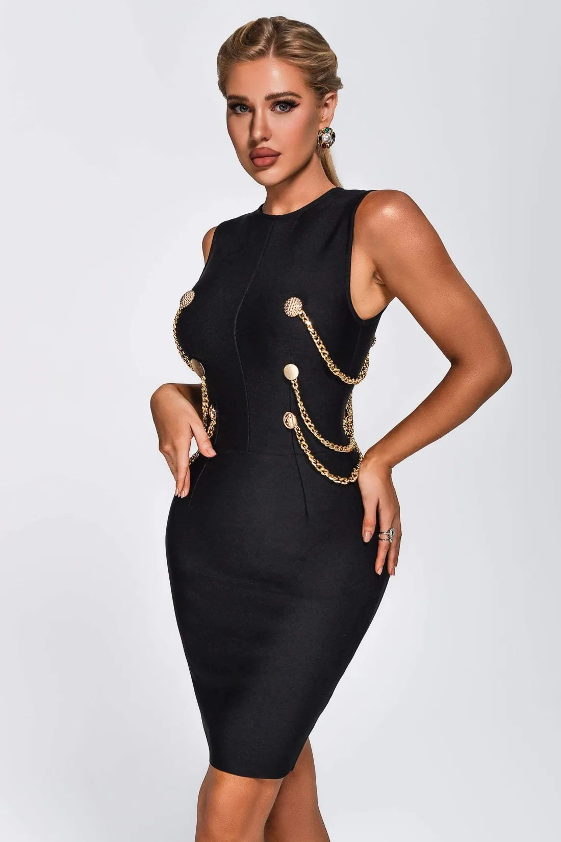 Addisyn Golden Chain Midi Bandage Dress